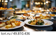 Close-up of a plate piled high with wasted food at a buff. Symbol of a major environmental problem caused by urban overconsumption waste. Abstract image. Стоковое AI-изображение, AI-художник ALLA YURTAYEVA / Фотобанк Лори
