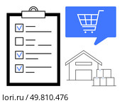 Checklist with marked items, shopping cart in speech bubble, and warehouse with stacked boxes. Ideal for inventory management, e-commerce, online shopping, logistics planning, order fulfillment. E-commerce Inventory Checklist with Warehouse and Shopping Cart Icon for Online Shopping Management. Стоковая иллюстрация, агентство Ingram Publishing / Фотобанк Лори