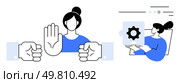 Woman holds up hand to reject offered ideas, later solves issue using gear puzzle piece during meeting. Ideal for negotiation, teamwork, problem-solving, project management, communication. Woman Rejected Proposals and Solves Problems with Puzzle Piece in Office Meeting Setting. Стоковая иллюстрация, агентство Ingram Publishing / Фотобанк Лори