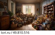 A room filled with expired groceries and unopened products. Symbol of a major environmental problem caused by urban overconsumption waste. Abstract image. Стоковое AI-изображение, AI-художник ALLA YURTAYEVA / Фотобанк Лори