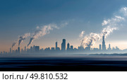 A polluted skyline dominated by fast food chains. Symbol of a major environmental problem caused by urban overconsumption waste. Abstract image. Стоковое AI-изображение, AI-художник ALLA YURTAYEVA / Фотобанк Лори