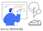 Person in blue clothing sketching on whiteboard, alongside minimalist icons of a tree and a shoe. Ideal for education, creativity, environment, fashion, presentations, whiteboard animations. Person Drawing on Whiteboard Next to Simple Outdoor Icons Representing Tree and Shoe. Стоковая иллюстрация, агентство Ingram Publishing / Фотобанк Лори