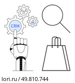 Robotic hand pointing to CRM gearwheel among business cogs, magnifying glass, and shopping bag icons. Ideal for automation, ecommerce, market analysis, customer management, AI integration, retail. Robotic Hand Activating CRM Gearwheel with Search and Shopping Bag Icons Representing Automation. Стоковая иллюстрация, агентство Ingram Publishing / Фотобанк Лори