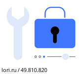 Blue wrench beside a padlock with keyhole, adjustment slider, and selection circles. Ideal for security, IT, maintenance, tools, repair safety technology themes. Line metaphor. Security Maintenance Concept with Wrench and Lock in Blue Tones. Стоковая иллюстрация, агентство Ingram Publishing / Фотобанк Лори