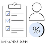 Checklist with three checked boxes, person icon, and percentage symbol in a circle. Ideal for task management, productivity tracking, business analysis, performance metrics, HR assessments, project. Checklist with check marks, human icon, and percentage symbol representing productivity and analysis. Стоковая иллюстрация, агентство Ingram Publishing / Фотобанк Лори