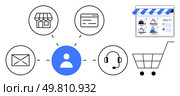 Central user icon connected to store, email, web page, customer support, and shopping cart elements. Ideal for e-commerce, digital marketing, customer support, online shopping web services retail. Centralized User Connectivity with E-commerce, Customer Support, Store, Email, and Web Interface. Стоковая иллюстрация, агентство Ingram Publishing / Фотобанк Лори