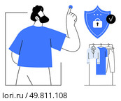 Man pressing button beside shield with lock protection icon and clothing rack. Ideal for security systems, cybersecurity, ID protection, data safety, clothing, personal security, smart technology. Man Activating Secure Clothing Protection, Digital Shield with Lock and Checkmark Icon. Стоковая иллюстрация, агентство Ingram Publishing / Фотобанк Лори