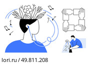 Human head with blooming flowers, music notes around, four hands interlocked, individual holding shopping bags. Ideal for creativity, teamwork, relaxation, personal growth, mental health shopping. Human head with blooming flowers, music notes, teamwork symbol, and person holding shopping bags. Стоковая иллюстрация, агентство Ingram Publishing / Фотобанк Лори