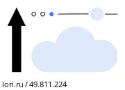 Black upward arrow, light blue cloud, blue and white checkmark, navigation dots. Ideal for cloud computing, navigation, progress tracking, data transfer, cloud storage success digital interface. Simplistic illustration with cloud, arrow, checkmark, and navigation dots in contrasting colors. Стоковая иллюстрация, агентство Ingram Publishing / Фотобанк Лори
