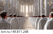 Majestic gathering of clergy in grand cathedral. Стоковое AI-изображение, AI-художник Юрий Поздников / Фотобанк Лори