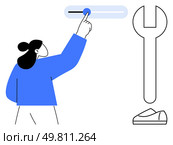 Person in blue adjusts a control slider with a finger beside a large wrench and shoe. Ideal for customization services, maintenance, technical support, DIY projects, system settings, tuning, user. Person Adjusting Control Slider Next to Giant Wrench and Shoe, Emphasizing Customization and Maintenance. Стоковая иллюстрация, агентство Ingram Publishing / Фотобанк Лори