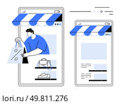Man holding shopping bags emerging from mobile storefront. Adjacent screen shows product listings. Ideal for e-commerce, online sales, mobile shopping, retail apps, digital marketing, internet. Online Shopping Concept with Man Giving Bags from Mobile Storefronts Highlighting Sales and Products. Стоковая иллюстрация, агентство Ingram Publishing / Фотобанк Лори