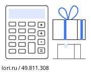 Calculator and two gift boxes, one with a bow, suggesting calculations related to gifts. Ideal for budgeting, finance, holidays, shopping, planning celebrations corporate. Line metaphor. Calculator with Gift Boxes, Representing Financial Planning and Gift Giving. Стоковая иллюстрация, агентство Ingram Publishing / Фотобанк Лори