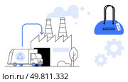 Recycling truck delivers waste to factory turning it into reusable products, represented by handbag. Ideal for sustainability, recycling, manufacturing, environmental awareness, green technology. Circular Economy Concept Depicting Recycling Truck and Factory Transforming Waste into New Products. Стоковая иллюстрация, агентство Ingram Publishing / Фотобанк Лори