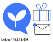 Plant icon in speech bubble, gift box with bow, and envelope with seal highlight eco-friendly interaction and sustainable gifting. Ideal for sustainability, eco-awareness, communication. Eco-friendly communication and gift-giving concept with plant icon, present box, and envelope. Стоковая иллюстрация, агентство Ingram Publishing / Фотобанк Лори