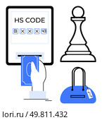HS code display on screen with hand holding money below, a black and white chess pawn, and a blue handbag with a tag. Ideal for trade, finance, business, strategy, shopping, commerce economics. HS Code Entry on Screen, Hand with Money, Chess Pawn, and Handbag Illustration. Стоковая иллюстрация, агентство Ingram Publishing / Фотобанк Лори