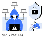 Hooded hacker with laptop and alert symbol, connected to three laptops, shield with lock, person sealing stolen item bag. Ideal for cybersecurity, online safety, data protection, hacking, theft. Cybersecurity Concerns Highlighted by Hacker, Data Transfer, Theft, and Security Shield Elements. Стоковая иллюстрация, агентство Ingram Publishing / Фотобанк Лори