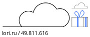 Large cloud outline with a smaller cloud and wrapped gift box tied with a ribbon. Ideal for cloud computing, digital storage, online services, data security, technology solutions, file sharing. Cloud storage concept with gift package and minimalist line art design. Стоковая иллюстрация, агентство Ingram Publishing / Фотобанк Лори