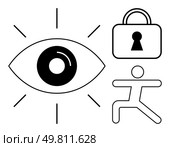 Eye with radiating lines, padlock, and human figure with arms and legs spread. Ideal for vision, security, observation, alertness, safety balance flexibility concepts. Line metaphor. Eye with rays, padlock, and human figure representing vision, security, and activity concept. Стоковая иллюстрация, агентство Ingram Publishing / Фотобанк Лори