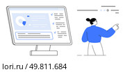 Data screen with pie chart and checklists person gesturing towards the screen. Ideal for business presentations, team meetings, project management, data analysis, workplace training, collaborative. Person Gesturing at Data Screen Display with Infographics and Checklists for Team Collaboration. Стоковая иллюстрация, агентство Ingram Publishing / Фотобанк Лори