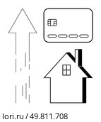 Credit card, house, and upward arrow. Ideal for finance, real estate, credit growth, investment, mortgage economic development upward trends. Line metaphor. Financial growth represented through credit card usage and home ownership with upward arrow. Стоковая иллюстрация, агентство Ingram Publishing / Фотобанк Лори