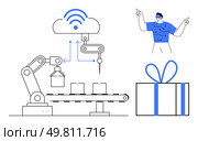 Robotics arm sorts boxes on assembly line, connected to cloud via wireless signal. Operator points to processes. Wrapped gift represents final product. Ideal for automation, industry, IoT, logistics. Automated Robotic Arm Processing Packages with Cloud Connectivity and Operator Overseeing Production. Стоковая иллюстрация, агентство Ingram Publishing / Фотобанк Лори