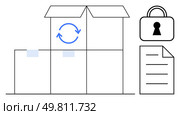 Open cardboard box with recycling symbol, secured lock, and document with lines. Ideal for shipping, recycling, security, storage, logistics sustainable practices and document management. Line. Package with Recycling Symbol, Lock, and Document Representing Security and Sustainable Practices. Стоковая иллюстрация, агентство Ingram Publishing / Фотобанк Лори