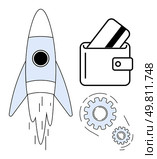 Rocket launching into space, wallet with credit card, and interconnected gears. Ideal for financial growth, technology, innovation, startup success, business strategy investment and progress. Line. Rocket Launch with Wallet and Credit Card, Gears Representing Finance, Technology, and Progress. Стоковая иллюстрация, агентство Ingram Publishing / Фотобанк Лори