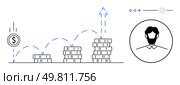 Coin bouncing on upward trajectory above increasing stacks of coins near businessman portrait. Ideal for finance, investment, growth, success, wealth, progress, business. Line metaphor. Financial Growth Concept with Increasing Coin Stacks and Businessman Portrait. Стоковая иллюстрация, агентство Ingram Publishing / Фотобанк Лори