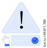 Exclamation in triangle warning symbol, hand with touch gesture, and verification checkmark in blue circle. Ideal for caution, alerts, permissions, verification, information security, user. Warning Sign with Exclamation in Triangle, Touch Gesture, and Verification Checkmark. Стоковая иллюстрация, агентство Ingram Publishing / Фотобанк Лори