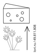 Cheese wedge with holes, three flowers leaning left, and simple upward arrow pointing up. Ideal for food topics, nature themes, direction, guidance, growth simplicity abstract illustrations. Line. Cheese wedge with holes, three flowers and simple upward arrow in black and white drawing. Стоковая иллюстрация, агентство Ingram Publishing / Фотобанк Лори