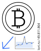 Bitcoin logo blue downward arrow line graph with data points, highlighting cryptocurrency, finance, trends, analysis, volatility, digital economy. Ideal for market fluctuation, trend analysis. Bitcoin Symbol with Downward Arrow and Graph Indicating Market Volatility and Trends. Стоковая иллюстрация, агентство Ingram Publishing / Фотобанк Лори