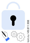Padlock with keyhole symbolizes security. Hand with stylus and gears represent customization, technology, collaboration, development, protection, innovation, and efficiency. Line metaphor. Large padlock with keyhole, hand holding stylus, and two gears representing security and customization. Стоковая иллюстрация, агентство Ingram Publishing / Фотобанк Лори