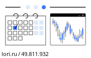 Calendar with a highlighted date beside a stock market chart showing fluctuating values. Ideal for business planning, financial analysis, scheduling, investment tracking, market trends, time. Calendar with highlighted date next to a fluctuating stock market chart on a computer screen. Стоковая иллюстрация, агентство Ingram Publishing / Фотобанк Лори
