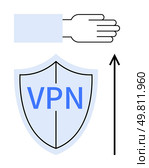 Hand shield with VPN text arrow symbolize cyber protection privacy security, anonymity, internet freedom. Ideal for technology, safety, digital security, VPN services, online privacy, internet. Cybersecurity and Privacy Concept with VPN Shield and Upward Arrow. Стоковая иллюстрация, агентство Ingram Publishing / Фотобанк Лори