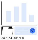 Bar graph comparing four data points with folder and checklist featuring a checkmark. Ideal for data management, business analysis, record-keeping, organization, to-do lists, productivity workflows. Bar graph with data analysis elements including a folder and checklist with confirmation checkmark. Стоковая иллюстрация, агентство Ingram Publishing / Фотобанк Лори