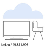 Computer monitor and modern chair beneath a light blue cloud. Ideal for concepts of digital workspaces, cloud computing, remote work, office setups, technology integration, modern work environments. Office setup with computer monitor, modern chair, and blue cloud highlighting digital workspace concept. Стоковая иллюстрация, агентство Ingram Publishing / Фотобанк Лори