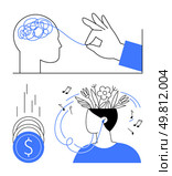 Hand untangling mind chaos, coins dropping, person with earphones and blooming ideas. Ideal for mental health, stress relief, creativity, music, financial stability self-care productivity. Line. Visual Metaphors of Mental Clarity and Creative Flow Through Simple Illustrations. Стоковая иллюстрация, агентство Ingram Publishing / Фотобанк Лори