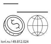 Dollar coin and globe outline images with two horizontal lines. Ideal for finance, global trade, economics, business, investment, international market, monetary policy. Line metaphor. Global Currency Concept with Dollar Coin and Globe Iconography in Minimalist Outline Style. Стоковая иллюстрация, агентство Ingram Publishing / Фотобанк Лори