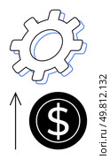 Gear and dollar coin with upward arrow indicating increase in value. Ideal for concepts thumbs up business growth, financial improvement, technological progress, productivity enhancement, economic. Gear and rising dollar coin depicting financial growth and technological advancement. Стоковая иллюстрация, агентство Ingram Publishing / Фотобанк Лори