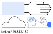 Large hand, cloud shape, head with tangled lines for brain, hand pulling string from head. Ideal for mental health, technology, creativity, problem-solving, innovation connections abstract. Abstract Concepts of Brain Activity, Cloud Technology, and Hand Gestures Representing Complex Ideas. Стоковая иллюстрация, агентство Ingram Publishing / Фотобанк Лори