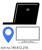 Laptop, computer monitor, and blue location pin denote digital connectivity and navigation. Ideal for tech, remote work, online browsing, digital services, mapping, productivity virtual learning. Digital Tools and Navigation Concept with Laptop, Monitor, and Location Pin. Стоковая иллюстрация, агентство Ingram Publishing / Фотобанк Лори