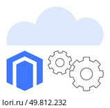 Cloud, two gears, and a hexagonal structure symbolizing cloud computing, process automation, and technology integration. Ideal for IT solutions, cloud services, digital transformation, web, v09. Cloud Hosting Concept with Gears and Hexagonal Structure Representing Technology Integration. Стоковая иллюстрация, агентство Ingram Publishing / Фотобанк Лори