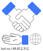 Handshake and open hand above globe, symbolizing unity, collaboration, outreach, support, and global connection. Ideal for networking, partnerships, aid community support global initiatives. Handshake, Open Hand, Globe Cooperation, Support, Global Network. Стоковая иллюстрация, агентство Ingram Publishing / Фотобанк Лори