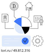 Pie chart connected to Bitcoin symbol, house, documents with seals, checkbox, gear icon. Ideal for financial analysis, blockchain, real estate certification investment productivity business tools.. Financial Data Analysis with Bitcoin and Real Estate Investment, Certificates, and Gear Icon. Стоковая иллюстрация, агентство Ingram Publishing / Фотобанк Лори