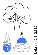 Woman meditating under a stylized tree with falling coins symbolizing financial growth. Ideal for mindfulness, finance, sustainability, personal development, wealth management, mental health. Mindful Investment Financial Growth and Personal Well-being through Sustainable Choices. Стоковая иллюстрация, агентство Ingram Publishing / Фотобанк Лори
