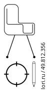 Chair with modern design on slim legs next to a crosshair target and pen. Ideal for office furniture, design focus, target-oriented tasks, writing tools, minimalism, precision work, creative. Minimalist Composition Featuring Chair, Crosshair Target, and Pen Elements in Clean Black Outline. Стоковая иллюстрация, агентство Ingram Publishing / Фотобанк Лори