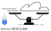 Scales balancing a cloud and blue coins with dollar signs. Ideal for financial management, technology integration, cost-benefit analysis, business growth, investment strategies, cloud services. Balancing Cloud and Money on Scales Depicting Financial Equilibrium and Technology Integration. Стоковая иллюстрация, агентство Ingram Publishing / Фотобанк Лори