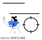Woman steps away from a target with hand raised in a stop gesture, wearing a blue shirt with lightning bolt design. Ideal for warning, protection, awareness, boundaries, self-defense, focus. Person Stepping Away from Target with Hand Raised, Wearing Blue Shirt with Lightning Bolt Design. Стоковая иллюстрация, агентство Ingram Publishing / Фотобанк Лори