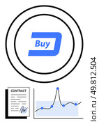 Central blue buy button inside concentric circles, contract icon with pen, graph with data points. Ideal for finance, investment, market trends, business decisions, stock analysis, buying strategies. Navigating Market Transactions with Contractual Agreements and Trend Analysis. Стоковая иллюстрация, агентство Ingram Publishing / Фотобанк Лори